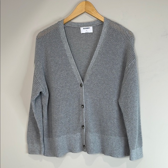 Old Navy Mesh Knit Cardigan Sweater Light Grey Cotton V-Neck Long Sleeve L - Picture 11 of 11